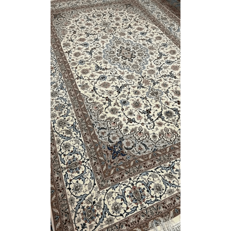 "Exquisite Persian Rug from Isfahan, Handwoven with Silk and Wool, 60 Years Old" – Focusing on the luxurious materials and vintage nature.
