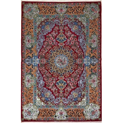 Hand-knotted Isfahan Persian carpet with intricate floral design in wool and silk
