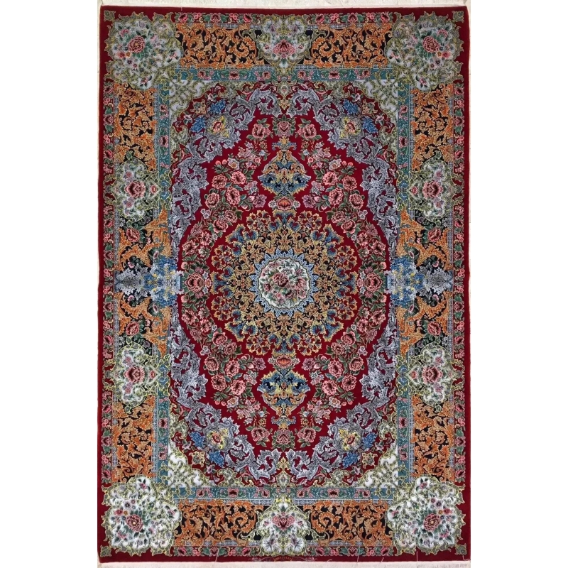 Hand-knotted Isfahan Persian carpet with intricate floral design in wool and silk
