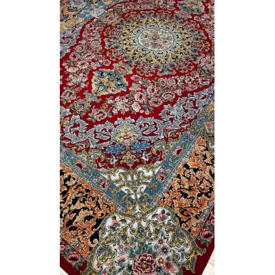 Close-up of Saeed Davarie’s hand-woven Persian rug with detailed medallions