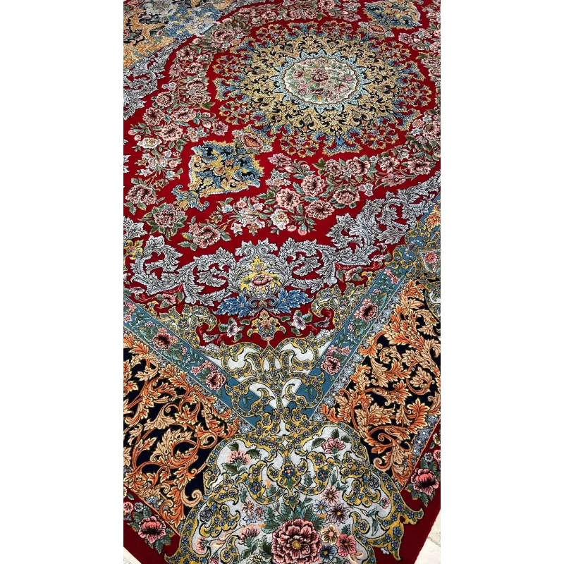 Close-up of Saeed Davarie’s hand-woven Persian rug with detailed medallions