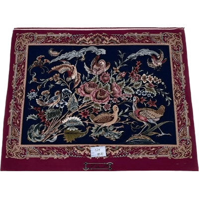 "Hand-knotted Persian Isfahan rug, featuring intricate floral and bird designs in wool and silk. A luxurious decorative rug for home decor, measuring 120 cm x 80 cm, perfect for adding elegance to any space."

