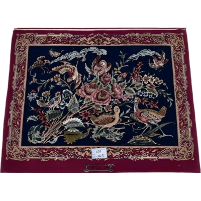 "Hand-knotted Persian Isfahan rug, featuring intricate floral and bird designs in wool and silk. A luxurious decorative rug for home decor, measuring 120 cm x 80 cm, perfect for adding elegance to any space."

