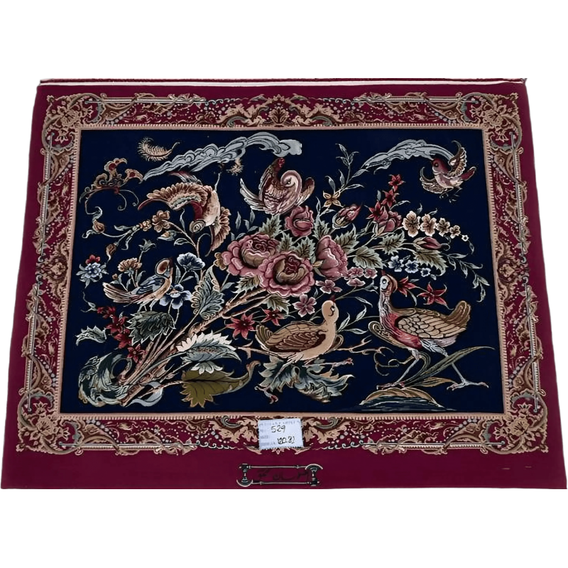 "Hand-knotted Persian Isfahan rug, featuring intricate floral and bird designs in wool and silk. A luxurious decorative rug for home decor, measuring 120 cm x 80 cm, perfect for adding elegance to any space."