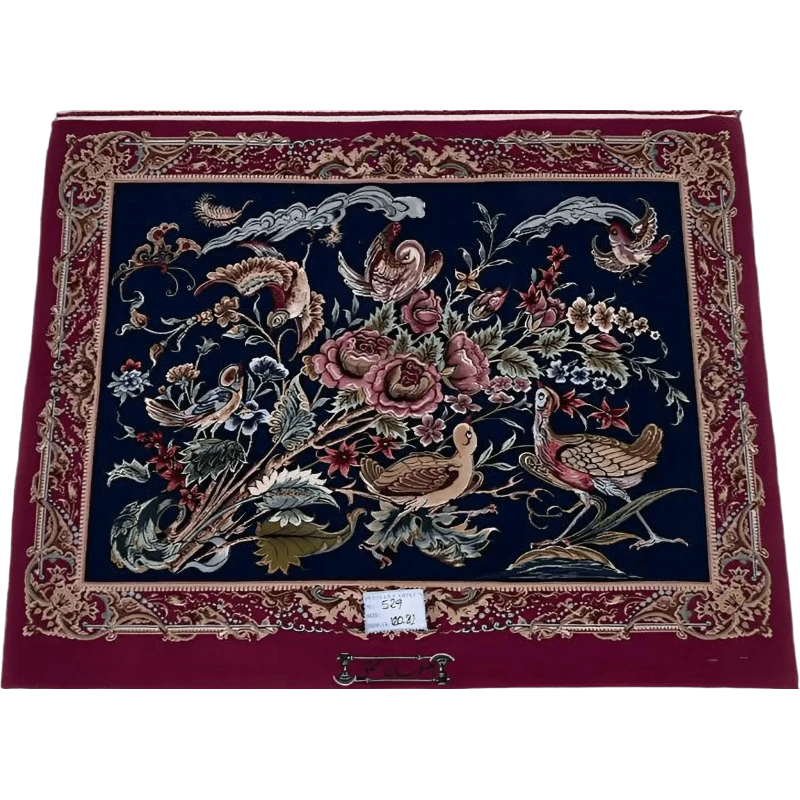 "Hand-knotted Persian Isfahan rug, featuring intricate floral and bird designs in wool and silk. A luxurious decorative rug for home decor, measuring 120 cm x 80 cm, perfect for adding elegance to any space."