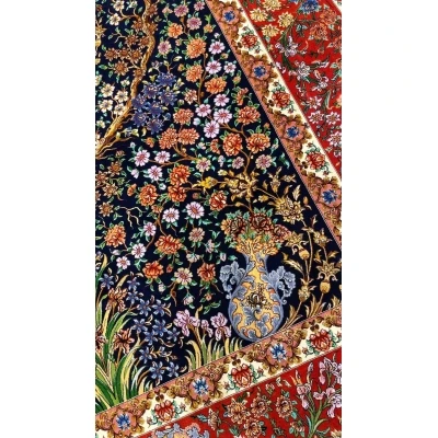Expansive view of a Persian Isfahan rug with detailed Tree of Life floral designs