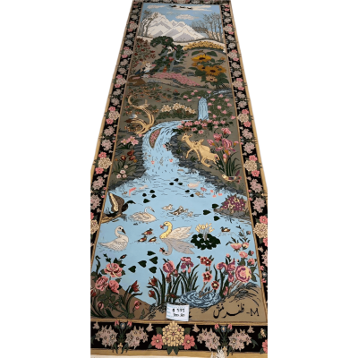 Handmade Persian runner rug with floral and pond motifs