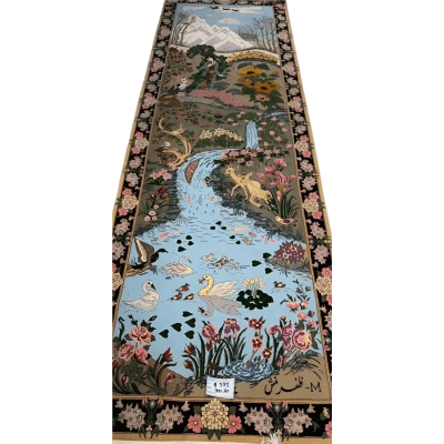 Handmade Persian runner rug with floral and pond motifs