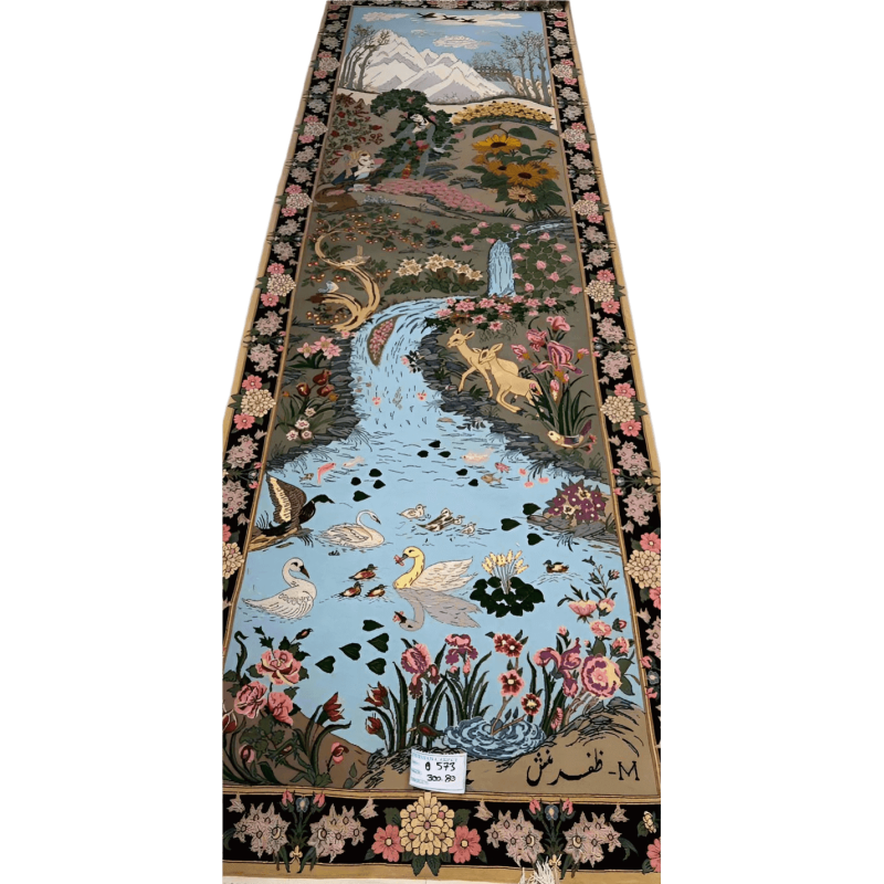 Handmade Persian runner rug with floral and pond motifs