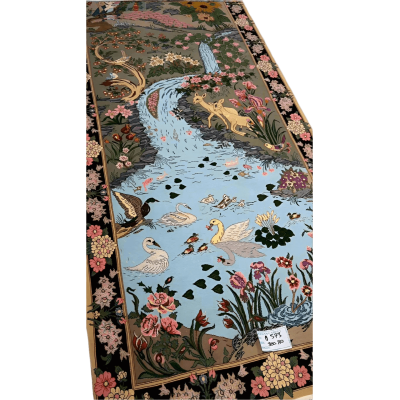 Hand-knotted Persian runner rug featuring a bird and pond design