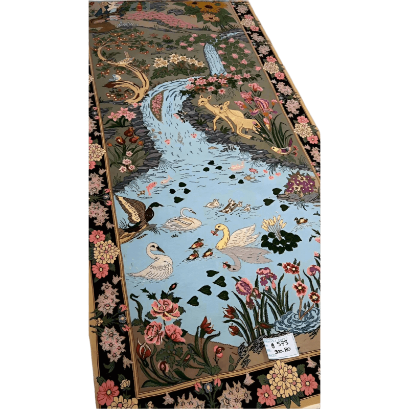 Hand-knotted Persian runner rug featuring a bird and pond design