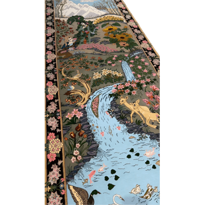 Artisanal Persian runner rug depicting birds and a river scene
