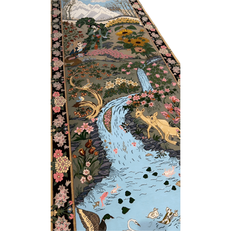 Artisanal Persian runner rug depicting birds and a river scene