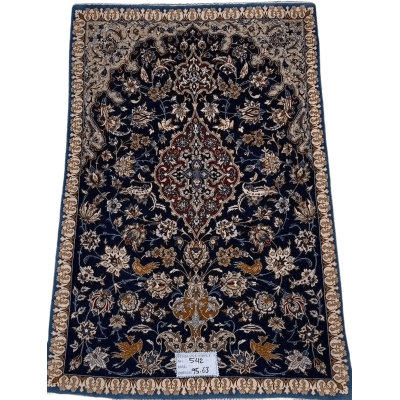"Small vintage Persian carpet, hand-knotted in Isfahan, Iran, measuring 95 cm x 63 cm (3.1 x 2.1 feet). Made with wool and silk, this 70-year-old rug is in great condition, featuring intricate designs that reflect its rich heritage."