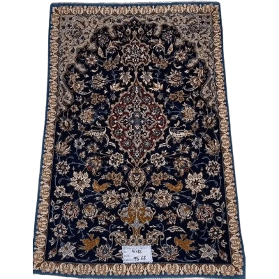 "Small vintage Persian carpet, hand-knotted in Isfahan, Iran, measuring 95 cm x 63 cm (3.1 x 2.1 feet). Made with wool and silk, this 70-year-old rug is in great condition, featuring intricate designs that reflect its rich heritage."