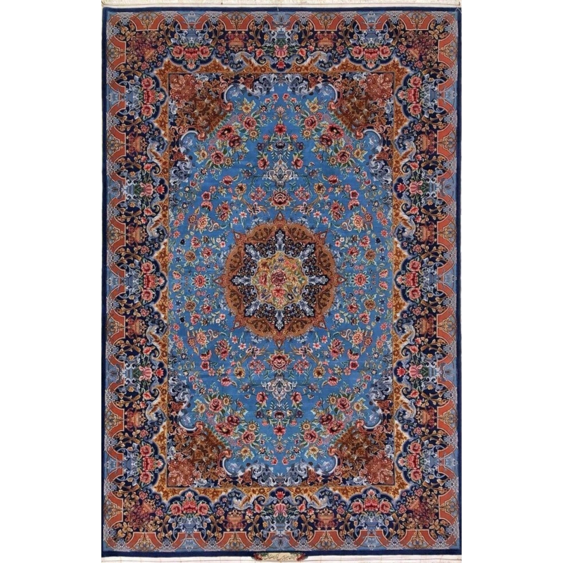 "Hand-knotted Mirzaie Persian rug with wool and silk, 300 cm x 205 cm, made in Isfahan, Iran."