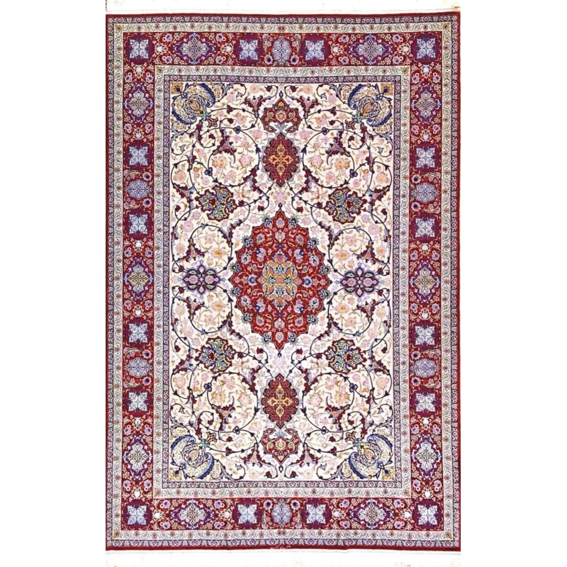 Detailed view of Ghenaat Isfahan handmade rug showcasing intricate floral motifs with red, blue, and cream tones.