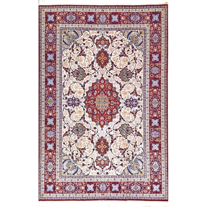 Detailed view of Ghenaat Isfahan handmade rug showcasing intricate floral motifs with red, blue, and cream tones.