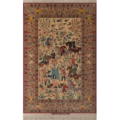 Exquisite Persian rug by Grand Master Sadegheh Seirafian, featuring a detailed hand-knotted design depicting a traditional scene, crafted from wool and silk.
