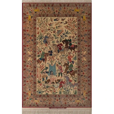 Exquisite Persian rug by Grand Master Sadegheh Seirafian, featuring a detailed hand-knotted design depicting a traditional scene, crafted from wool and silk.
