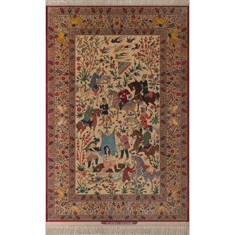 Exquisite Persian rug by Grand Master Sadegheh Seirafian, featuring a detailed hand-knotted design depicting a traditional scene, crafted from wool and silk.