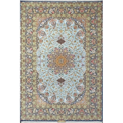 "Luxurious light blue silk floor carpet featuring intricate oriental design elements, perfect for adding elegance to any space."