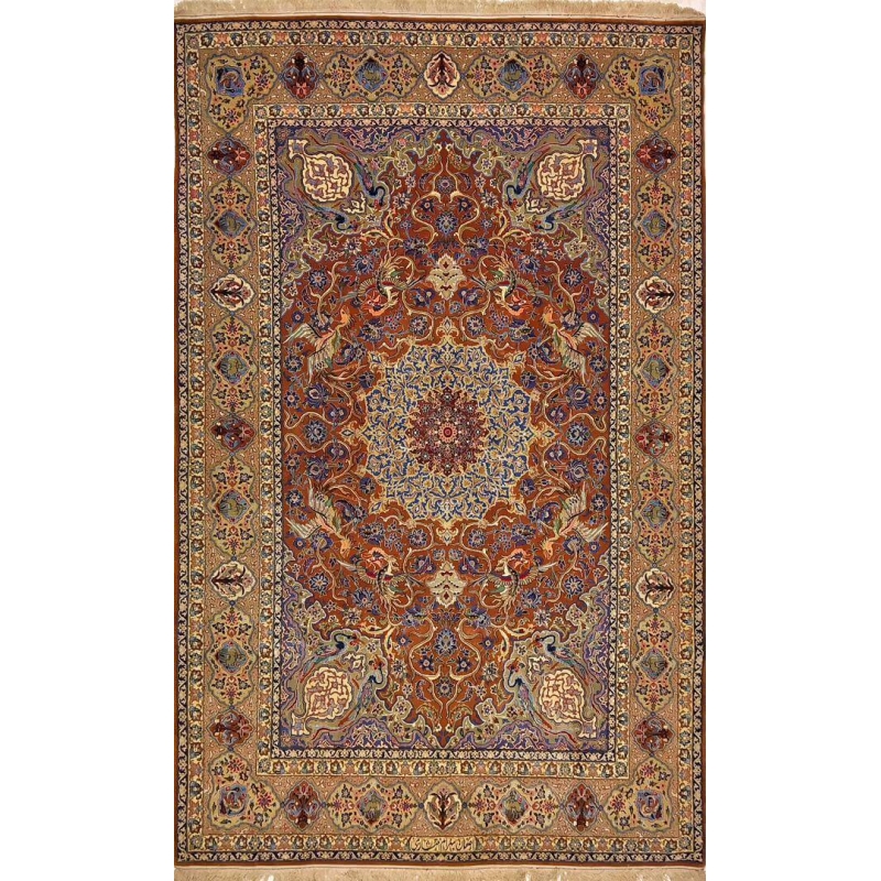 "Hand-knotted Persian rug from Isfahan, crafted by master weaver Bahram Entesharie. This 50-year-old silk and wool carpet measures 255 cm x 149 cm with a knot density of 1,000,000 knots/m², showcasing intricate medallion designs."