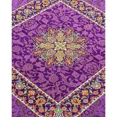 "Luxurious square Persian rug in purple, measuring 200 cm x 200 cm. Handcrafted in Isfahan, Iran, with silk and wool materials, this rug offers 810,000 knots/m² for durability and elegance in any home setting."