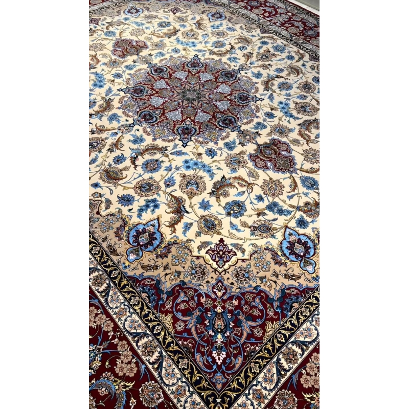 "Detailed floral patterns on wool and silk Persian rug"