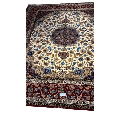 "Hand-knotted Persian rug with vibrant red and blue colors"