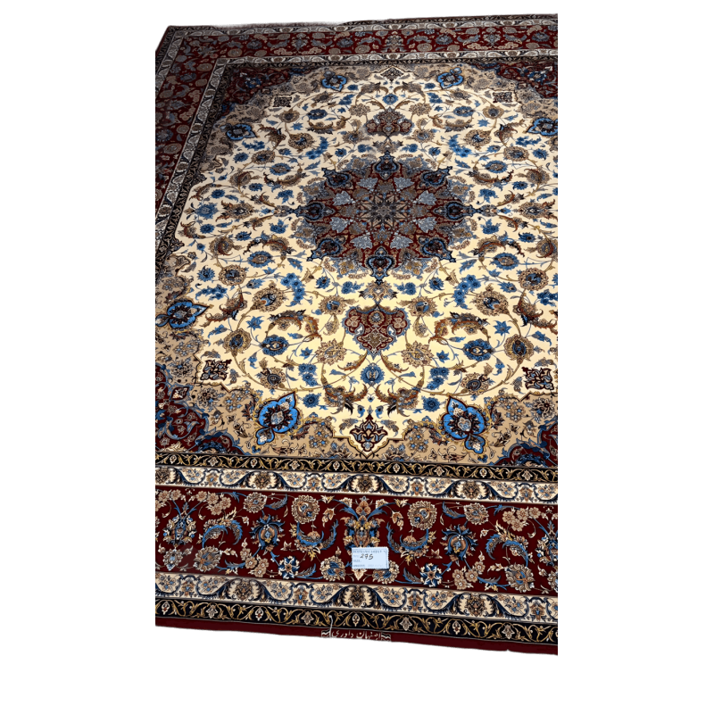 "Hand-knotted Persian rug with vibrant red and blue colors"