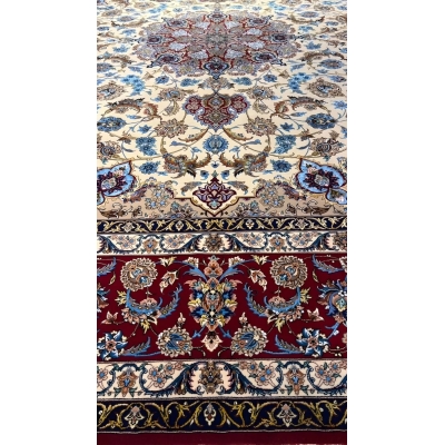 "Close-up of intricate medallion design on Isfahan rug"