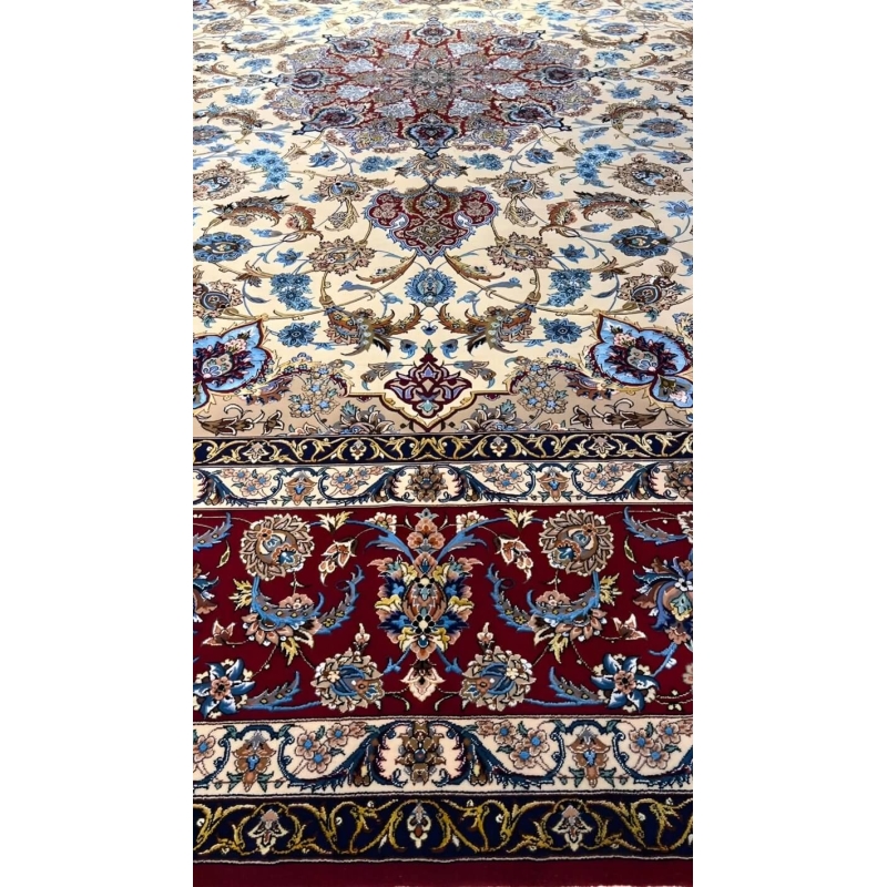 "Close-up of intricate medallion design on Isfahan rug"