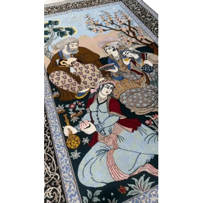 Isfahan Persian rug featuring a detailed pictorial scene with figures