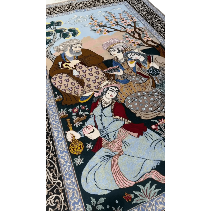 Isfahan Persian rug featuring a detailed pictorial scene with figures