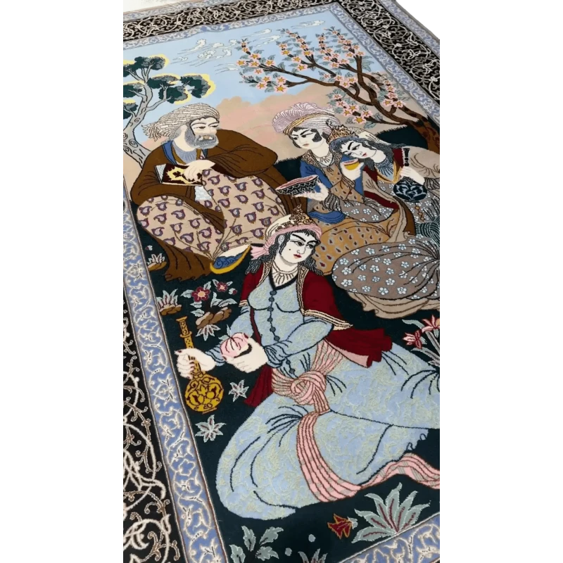 Isfahan Persian rug featuring a detailed pictorial scene with figures