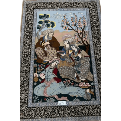 Traditional Isfahan Persian carpet depicting a gathering of individuals in a garden setting