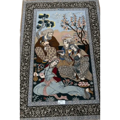 Traditional Isfahan Persian carpet depicting a gathering of individuals in a garden setting
