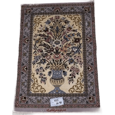 "Hand-knotted Persian rug by Jafar Fakhfor – 90x60 cm, crafted with wool and silk, featuring 640,000 knots per square meter, offering luxurious elegance and traditional craftsmanship." ​​






