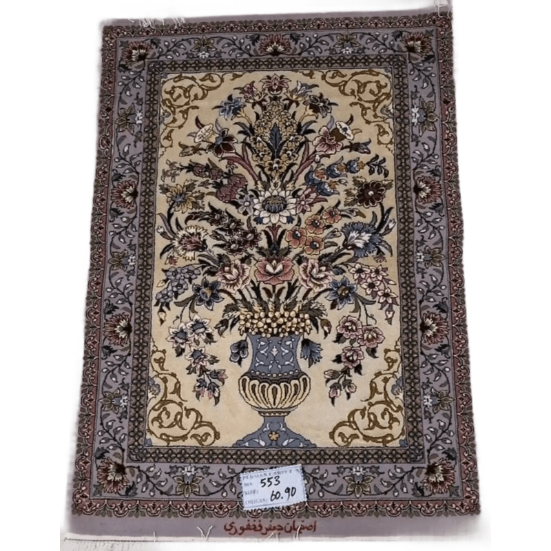 "Hand-knotted Persian rug by Jafar Fakhfor – 90x60 cm, crafted with wool and silk, featuring 640,000 knots per square meter, offering luxurious elegance and traditional craftsmanship." ​​