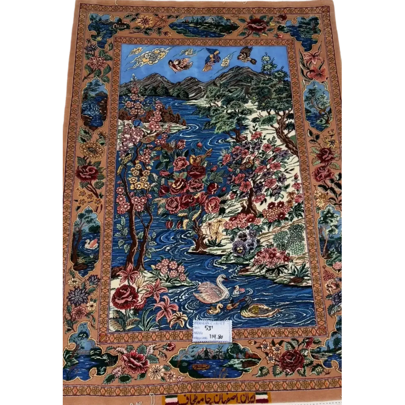 "Hand-knotted Isfahan Pictorial rug – 175x110 cm, crafted with wool and silk, featuring intricate designs and 740,000 knots per square meter, ideal for adding luxurious elegance to any home decor."