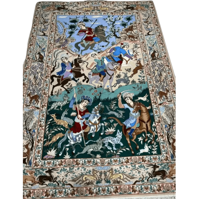 "Hand-knotted Isfahan Persian rug – 190x130 cm, crafted with silk and wool, featuring 740,000 knots per square meter, combining traditional Persian artistry with modern luxury for an elegant home decor."






