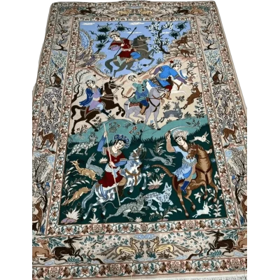 "Hand-knotted Isfahan Persian rug – 190x130 cm, crafted with silk and wool, featuring 740,000 knots per square meter, combining traditional Persian artistry with modern luxury for an elegant home decor."






