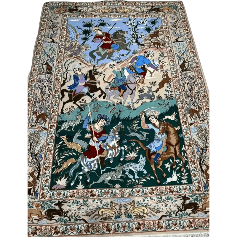"Hand-knotted Isfahan Persian rug – 190x130 cm, crafted with silk and wool, featuring 740,000 knots per square meter, combining traditional Persian artistry with modern luxury for an elegant home decor."