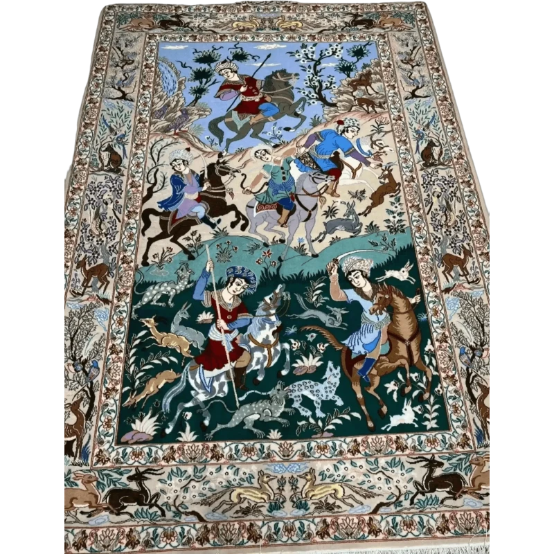 "Hand-knotted Isfahan Persian rug – 190x130 cm, crafted with silk and wool, featuring 740,000 knots per square meter, combining traditional Persian artistry with modern luxury for an elegant home decor."