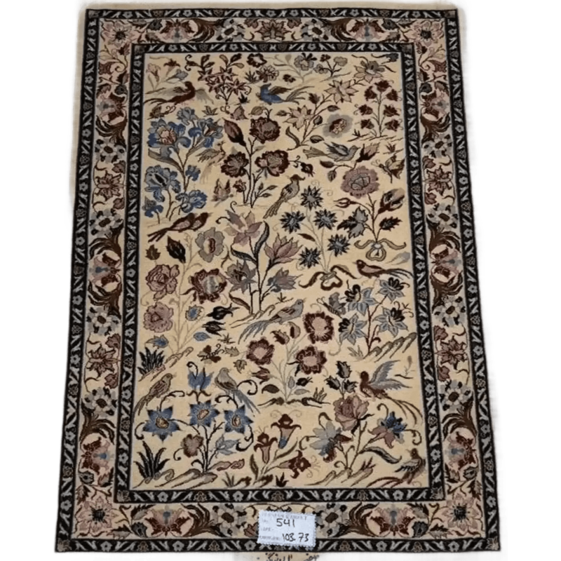 "Hand-knotted Persian rug by Zangeneh – 103x73 cm, crafted with wool and silk, featuring 1,000,000 knots per square meter, offering exquisite Persian craftsmanship and elegance for any home." ​​