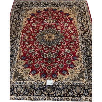  "Elegant Isfahan Persian rug, handmade with wool and silk. Decorative oriental rug perfect for home décor, size 5.7 feet x 3.6 feet, showcasing Persian craftsmanship."






