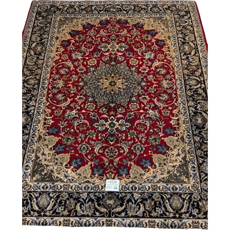 "Elegant Isfahan Persian rug, handmade with wool and silk. Decorative oriental rug perfect for home décor, size 5.7 feet x 3.6 feet, showcasing Persian craftsmanship."