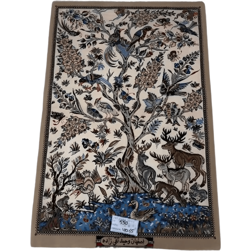 "Hand-knotted Persian rug by Vaheed Taghiezadeh – 110x70 cm, crafted with silk and wool, featuring 810,000 knots per square meter, showcasing the elegance and luxury of Persian craftsmanship."