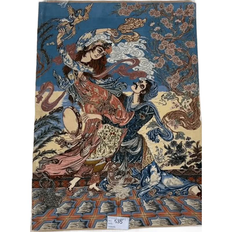 "Hand-knotted Pictorial Isfahan rug from Iran – 120x80 cm, crafted with a wool and silk blend, featuring 740,000 knots per square meter, perfect for adding artistic luxury to any space."